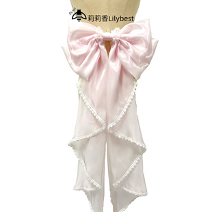 淡粉拖尾蝴蝶结亮光双层蝴蝶装 饰可拆卸手作lolita大号配饰别针