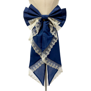 宝蓝金色蕾丝花边拖尾蝴蝶结欧根纱手作lolita后背大号配饰别针