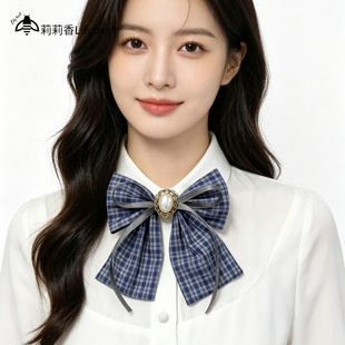 蓝调蝴蝶结领花韩版学院蓝灰黑格子领结女珍珠装饰衬衫配饰miu系