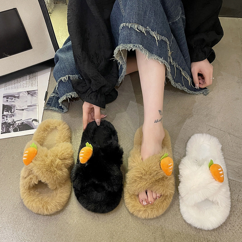2025冬季新款毛毛拖鞋女时尚韩版萝卜交叉带居家平底毛绒棉拖外穿
