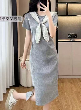 蝴蝶结交叉披肩连衣裙女春季拼接修身显瘦中长裙时尚气质开叉裙子