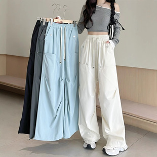 美式伞兵工装裤子女夏季薄款高腰复古直筒运动裤户外速干阔腿长裤