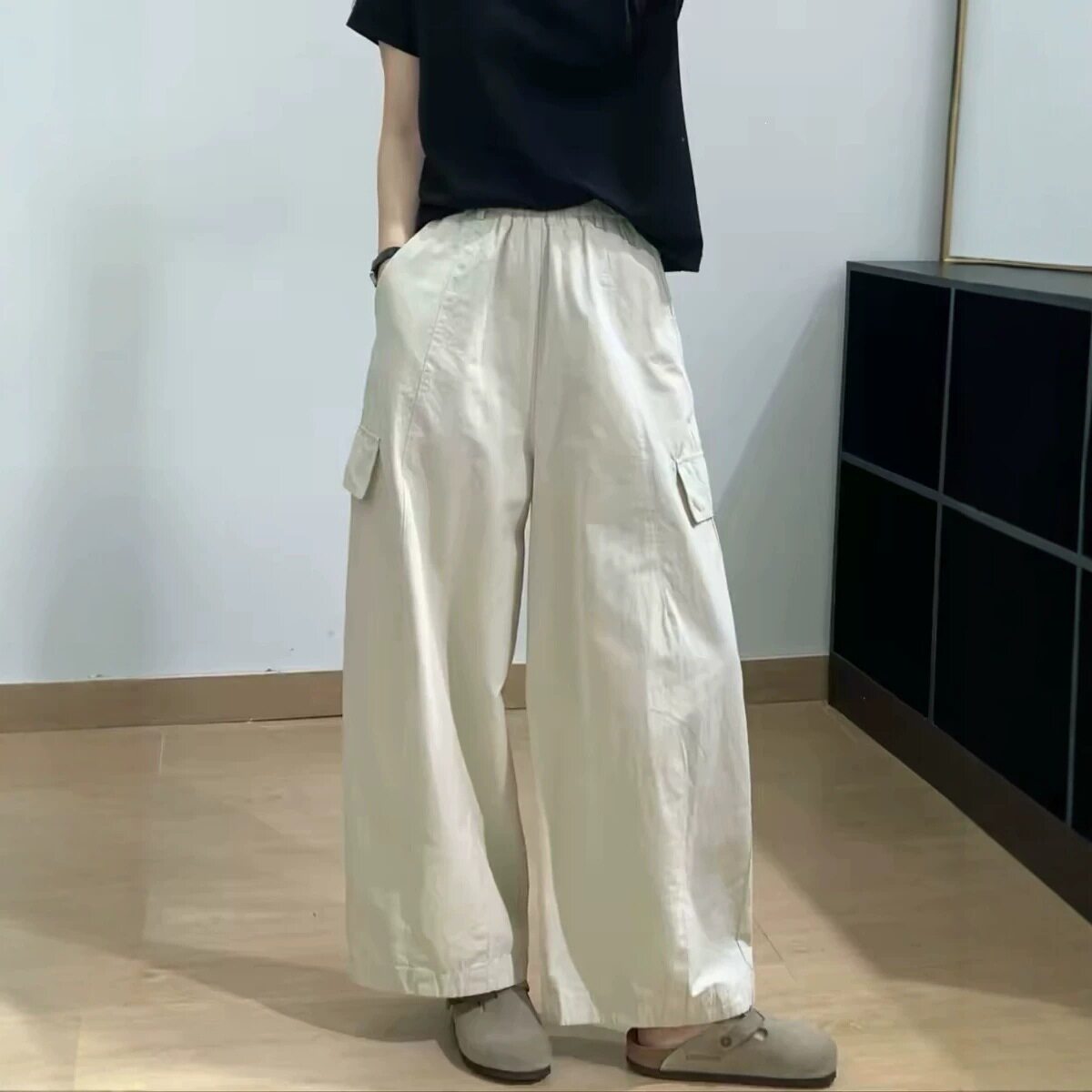 钛金棉九分工装裤女2026秋季高腰显瘦阔腿裤薄宽松口袋大码休闲裤