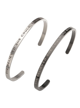 不锈钢手镯欧美跨境C形开口可调钛钢手镯女刻字logo图案DW 4mm宽