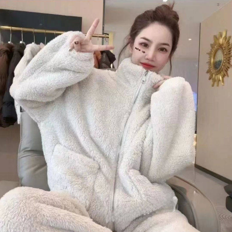 暖绒拉链套装秋冬新款外穿保暖珊瑚绒睡衣高领加绒加厚女士家居服