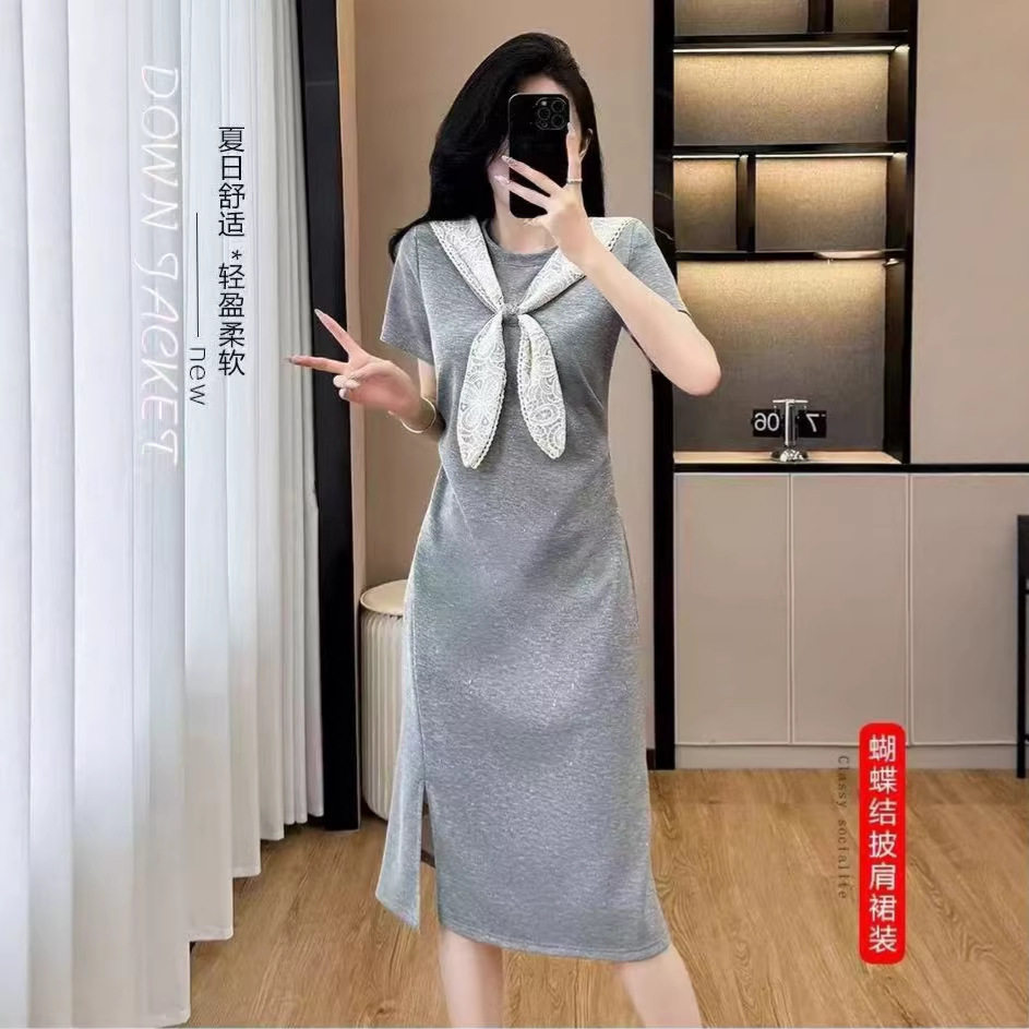 蝴蝶结披肩连衣裙女夏季2026拼接修身显瘦中长裙时尚气质开叉裙子