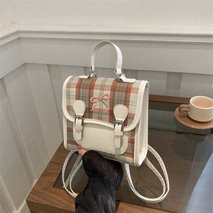 休闲百搭格子女双肩包2024新款出游旅行后背包撞色迷你手提小书包