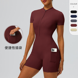 欧美拉链短袖瑜伽连体衣功能口袋女提臀紧身运动连体短裤62202