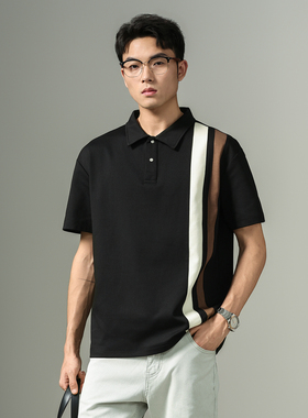意式老钱风条纹拼接撞色polo衫男生夏季轻商务通勤翻领短袖T恤男
