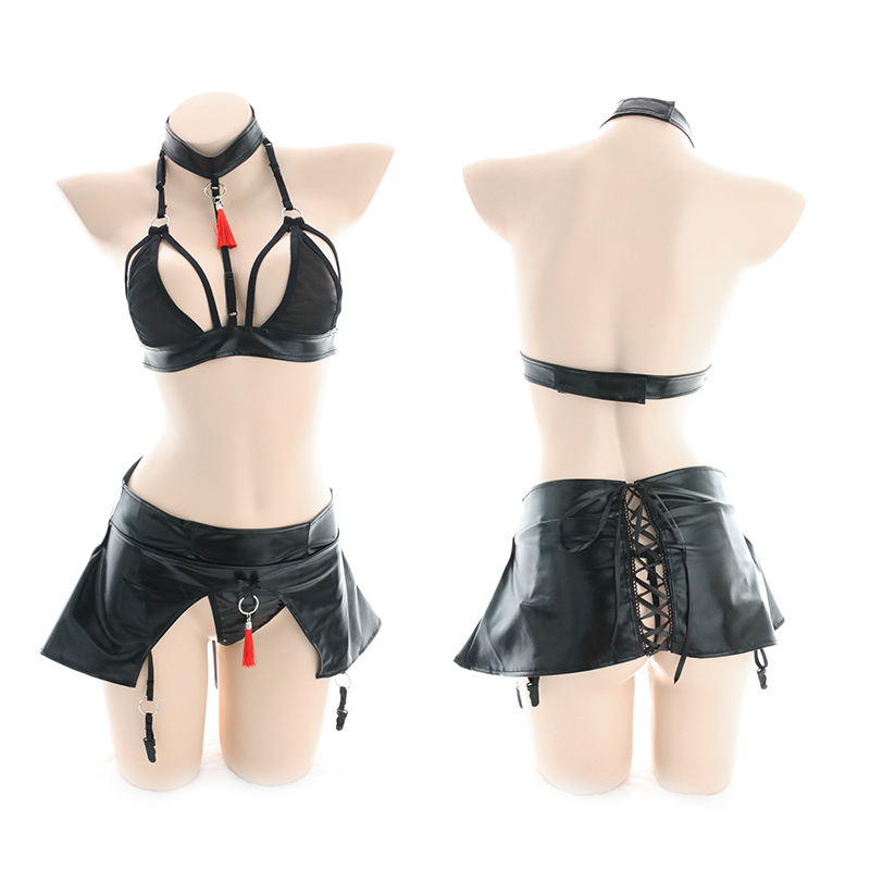 红流苏性感漆皮内衣套装夏欧美大胸制服分体皮裙吊袜带女王PU情趣