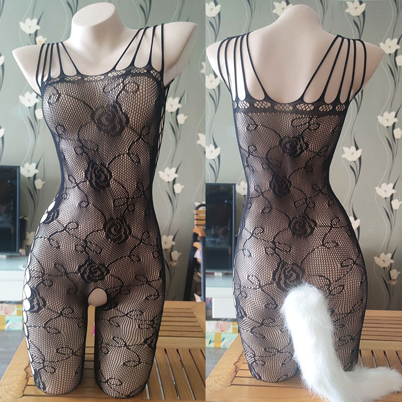 后面带尾巴纯欲高弹吊带内衣镂空透胸网眼提花连身性感美腿袜套装