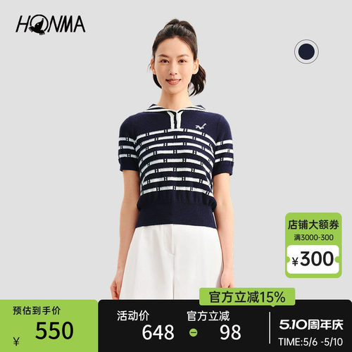 honma女式短袖针织衫海军领翻领
