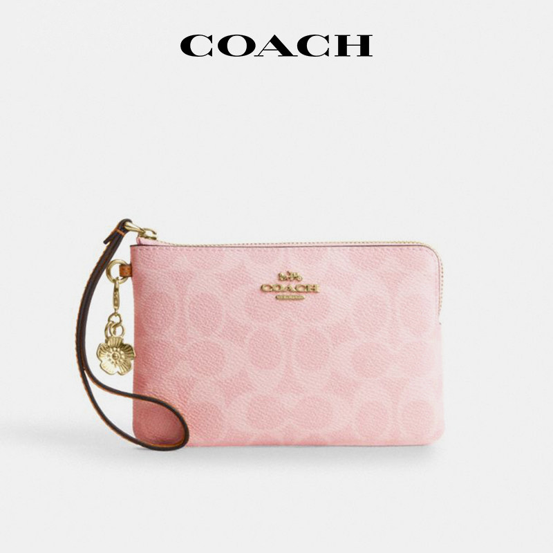 【国内现货】COACH/蔻驰女款手拿包小号粉色老花山茶花装饰钱包