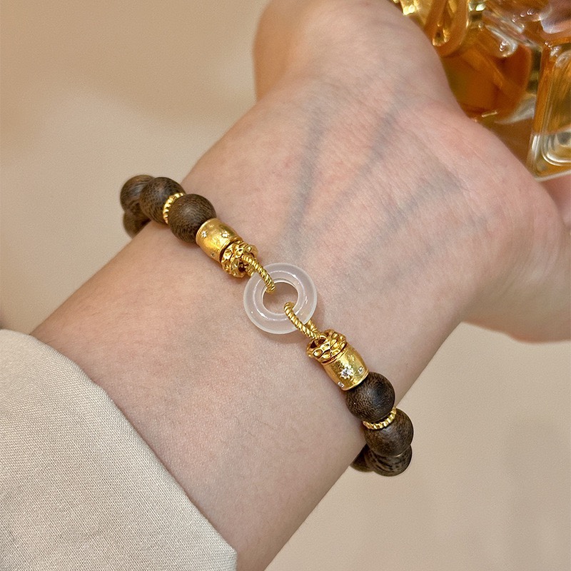 SSJEWELRY轻奢珠宝925银镀金沉香木质手链平安扣桶珠国风百搭手饰