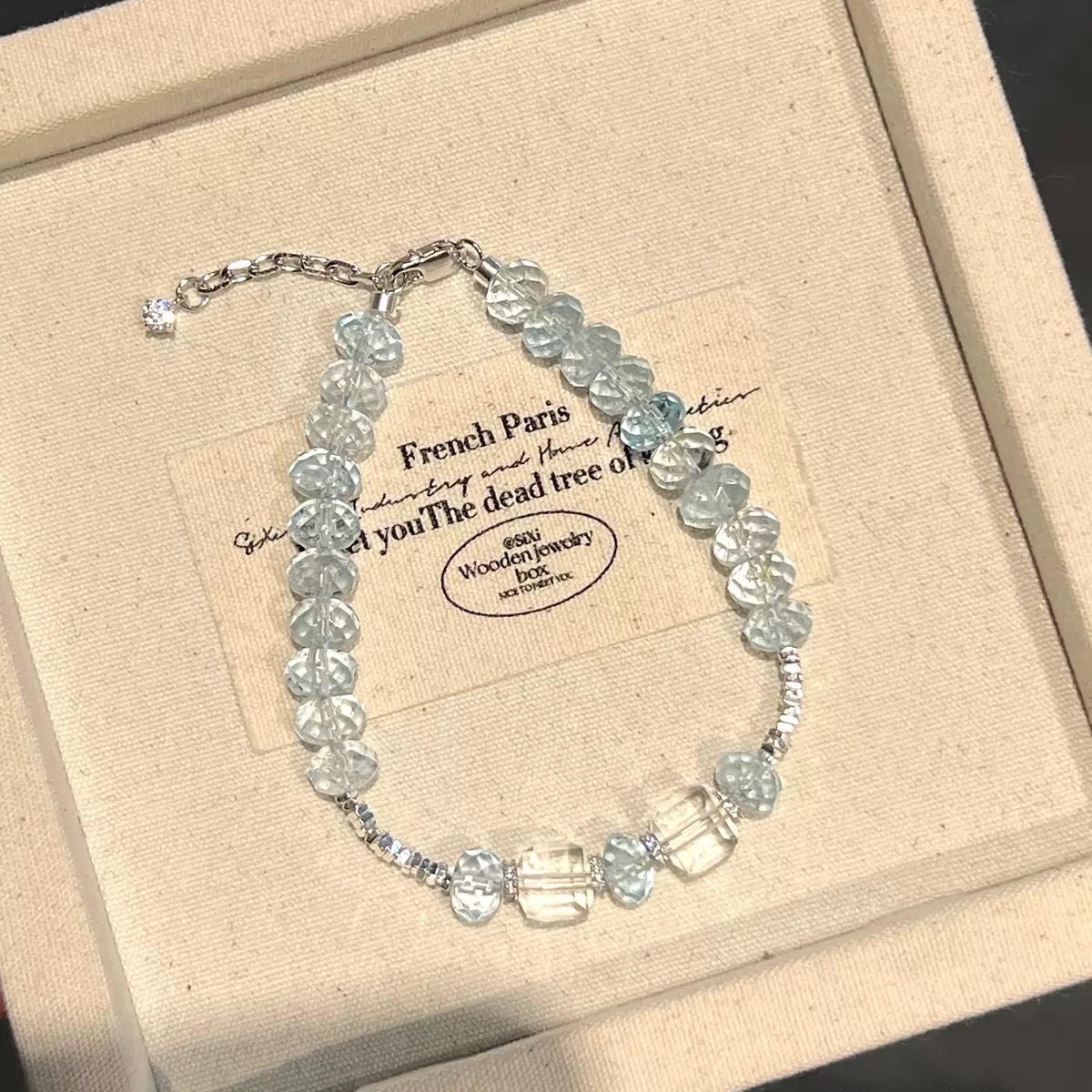 SSJEWELRY轻奢珠宝纯银海蓝宝水晶方珠碎银子手链少女心精致百搭