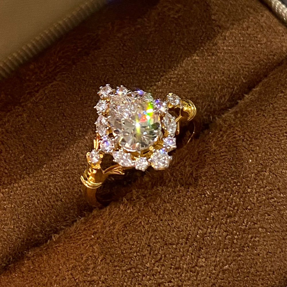 SSJEWELRY轻奢珠宝s925银镀金锦簇水滴钻戒1.25克拉爆闪钻戒气质