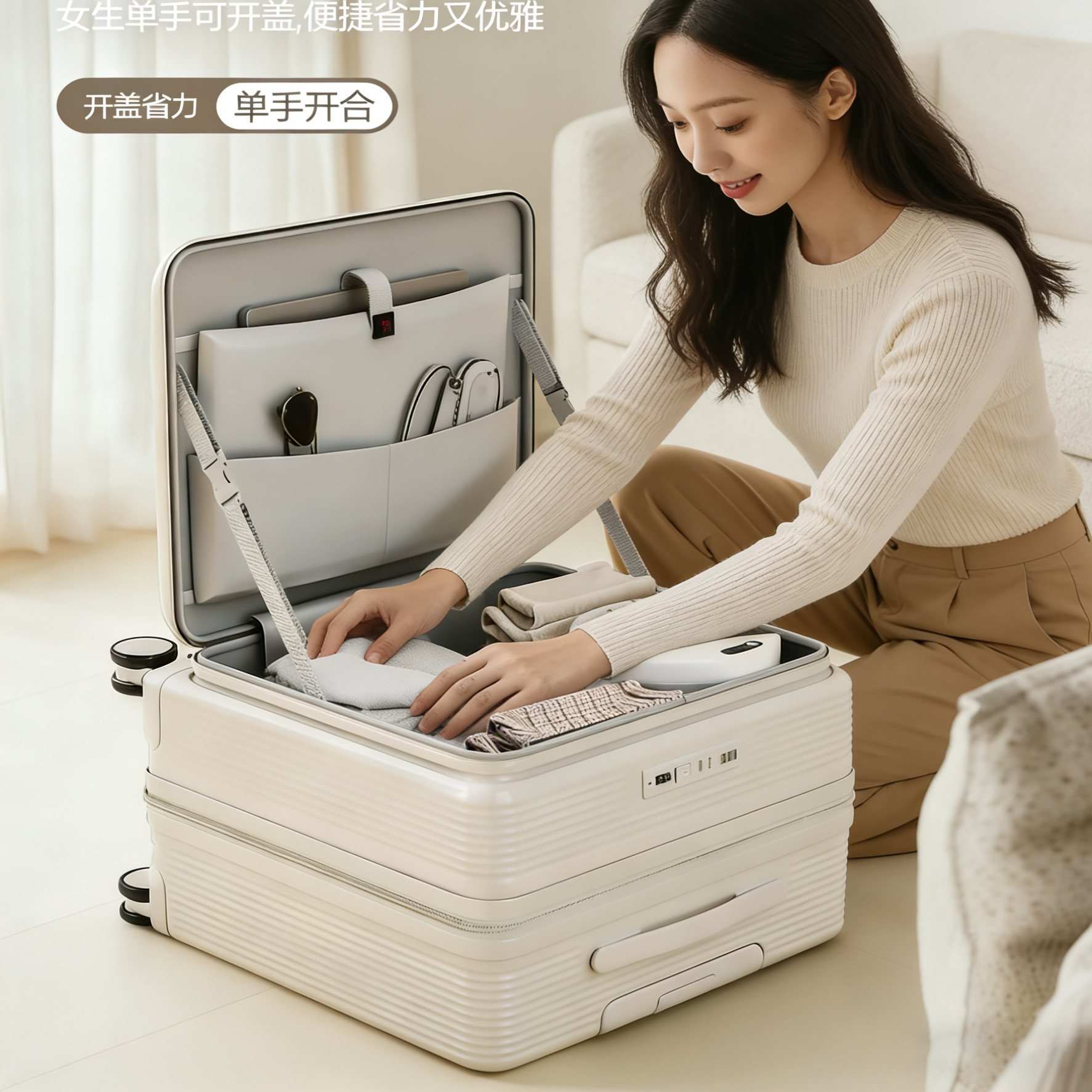 OKD侧开盖行李箱一体深仓18寸女小型轻便20寸男可登机行李箱耐用