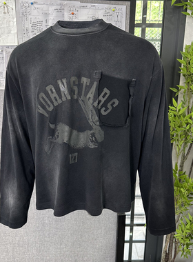 美式复古做旧水洗卫衣boxy fit打底短宽上衣破坏渐变长袖T恤印花