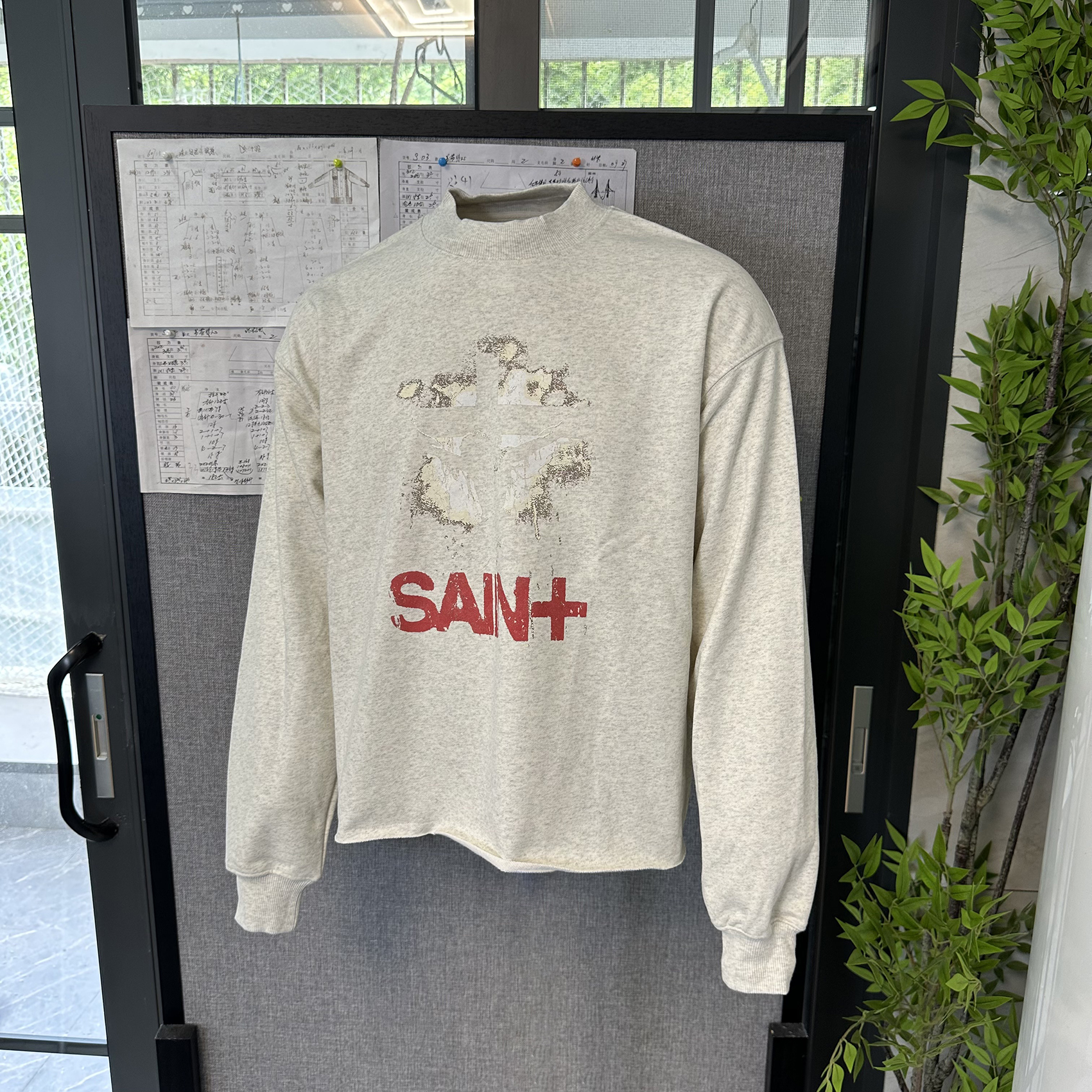 小领口短宽boxy长袖t毛圈