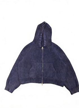 Basic annals水洗做旧连帽拉链卫衣宽松开衫外套水洗毛衣boxy短款