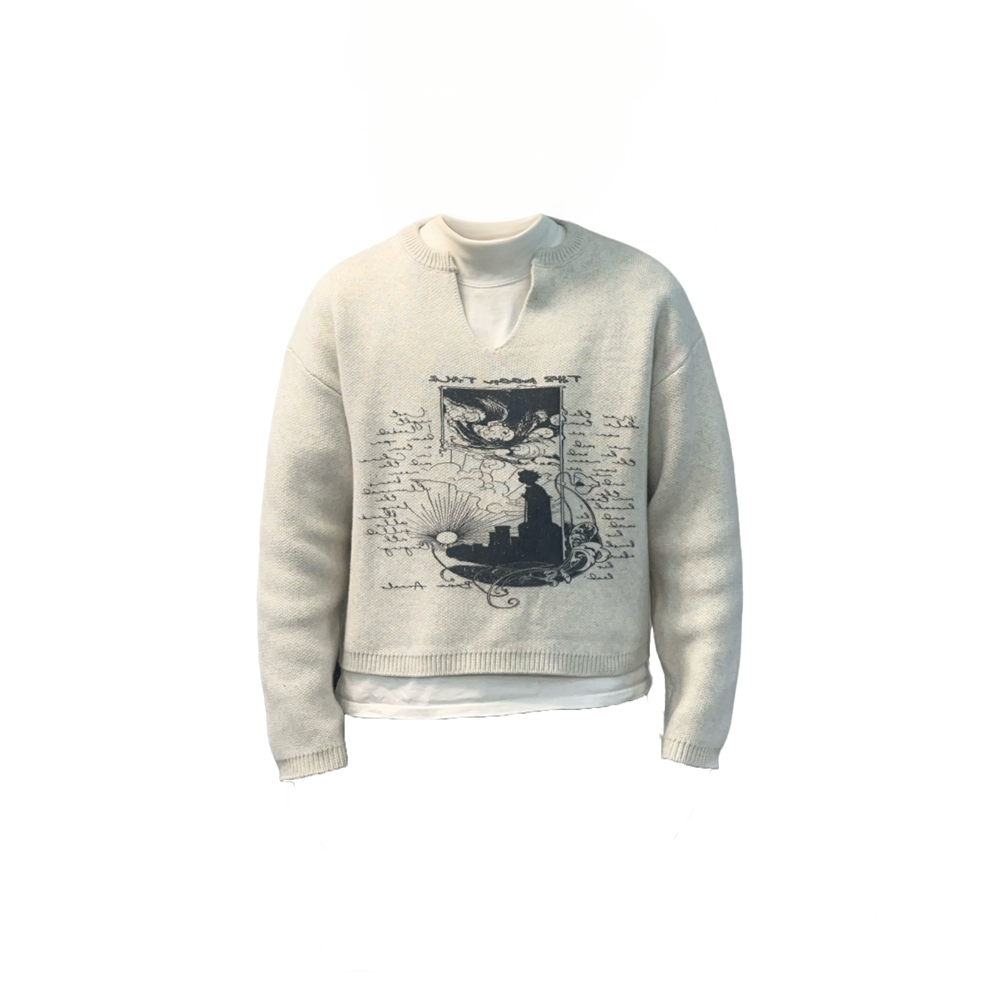 直喷印花卫衣男女中性手工针织boxy圆领套头衫短款街头v领毛衣