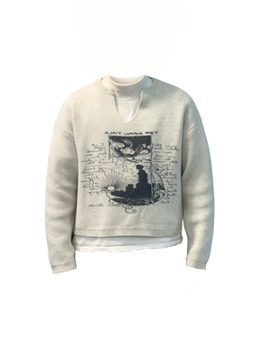 直喷印花卫衣男女中性手工针织boxy圆领套头衫短款街头v领毛衣