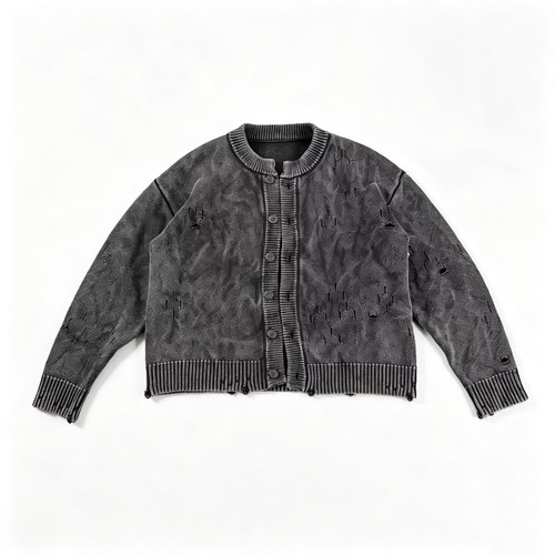Basic annals水洗做旧纯棉磨毛破洞单排扣开衫外套短宽boxy毛衣