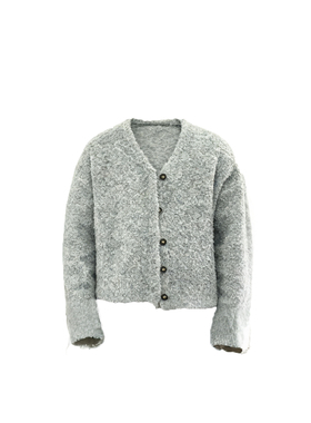 极简风灰色V领开衫针织衫男短款纽扣毛衣老钱风外套羊毛混纺短宽