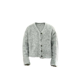 纽扣毛衣老钱风外套羊毛混纺短宽 男短款 极简风灰色V领开衫 针织衫