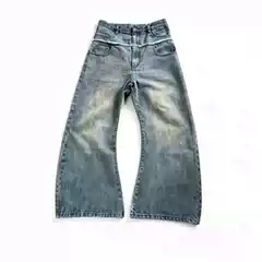 Basic Annals Vintage Washed Distressed Loose Straight-Leg Scimitar Pants Baggy Dirty Double-Waistband Jeans