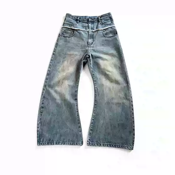 Basic Annals Vintage Washed Distressed Loose Straight-Leg Scimitar Pants Baggy Dirty Double-Waistband Jeans