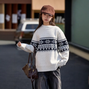 冬季新款女孩大童青少年女装针织加绒毛衫毛线衣提花圆领打底内搭