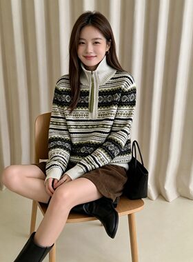 针织拉链立领毛线衣毛衫休闲宽松女生大童青少年女装秋冬季新款