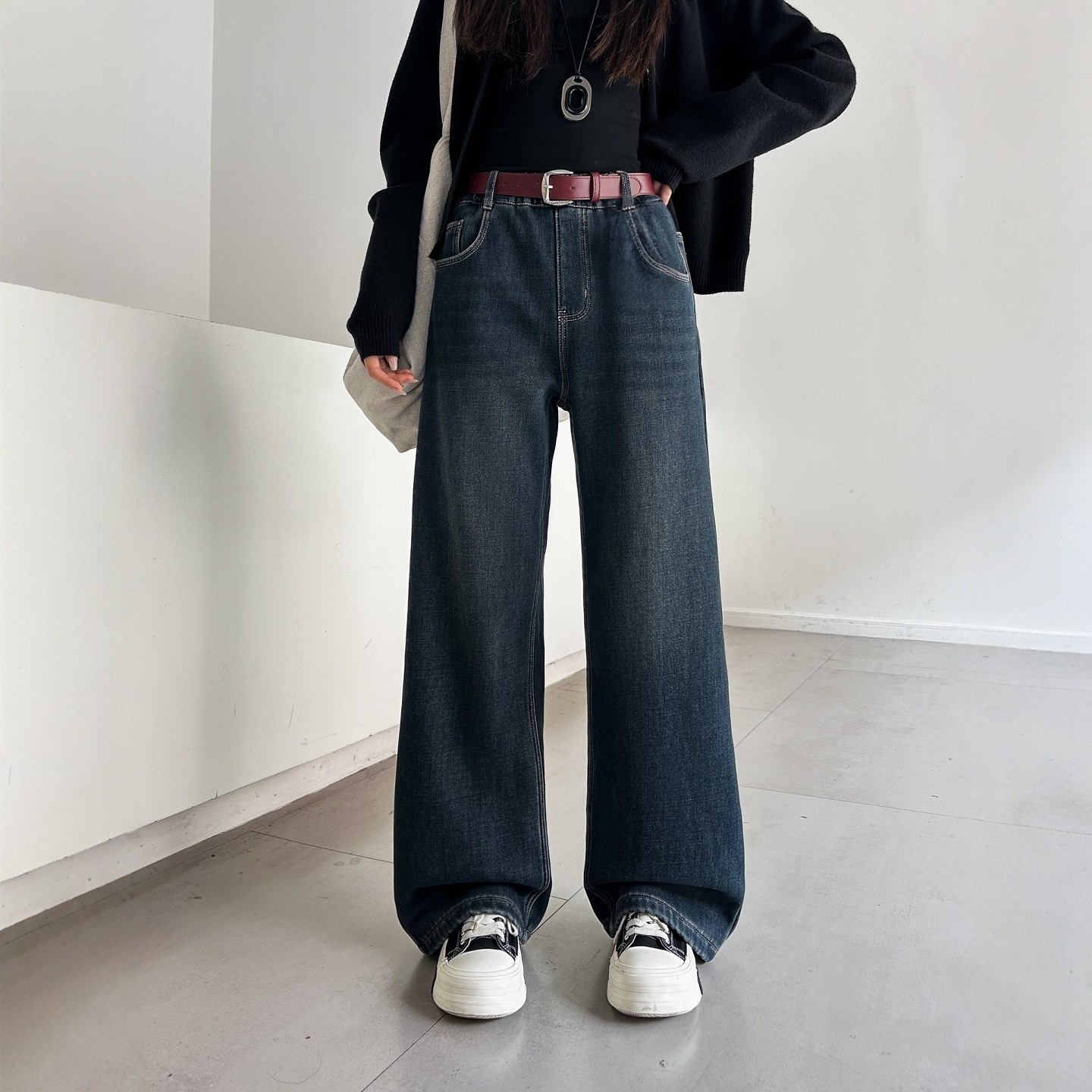 一体加绒牛仔裤直筒裤长裤阔腿裤冬季新款女孩中大童青少年女装