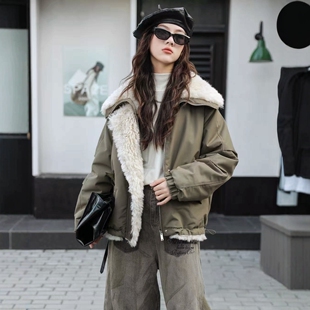 大翻领仿羊羔毛里棉服外套两面穿冬季米可贝拉天地女大童青少年装