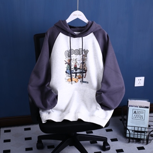 春秋季初中高中生女生大童青少年装休闲拼色针织长袖连帽衫卫衣