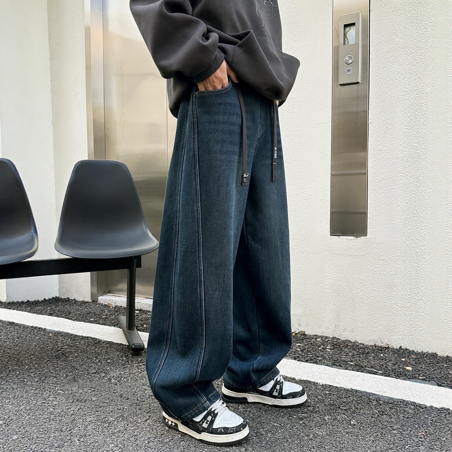 弯刀裤一体加绒牛仔裤直筒裤长裤休闲宽松男生大童青少年冬装新款