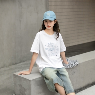 短袖圆领T恤衫针织绣字母微笑天地夏季新款女生中大童青少年女装