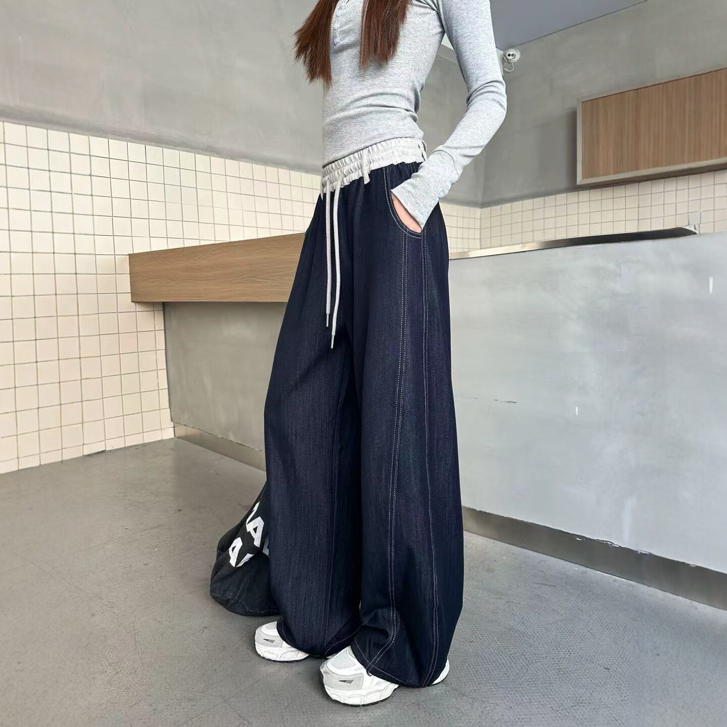 秋装新款大童女生青少年女装宽松休闲原色牛仔裤直筒裤长裤弯刀裤