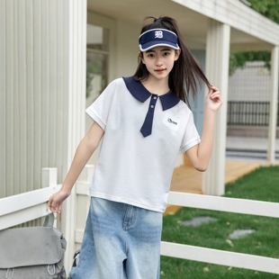 娃娃领短袖针织T恤衫学院风微笑天地夏季新款女孩中大童青少年装