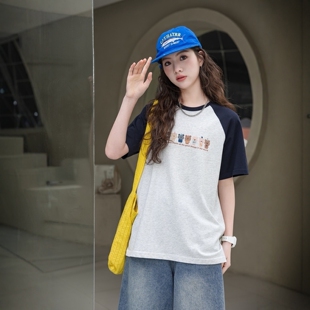拼色针织短袖圆领T恤衫微笑天地夏季新款女孩中大童青少年女装