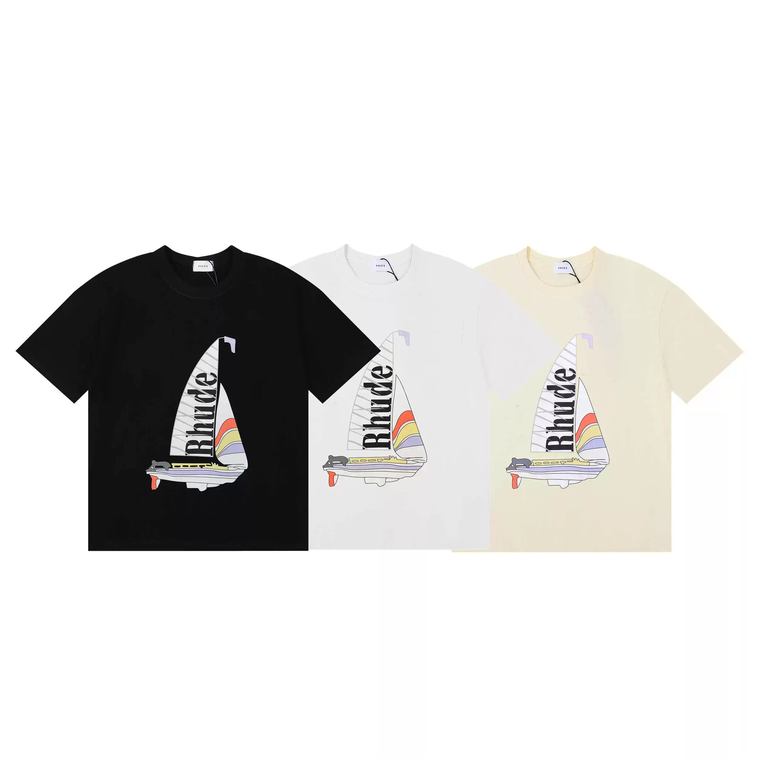 RHUDE美式高街帆船字母印花短袖宽松休闲高品质纯棉圆领情侣T恤潮
