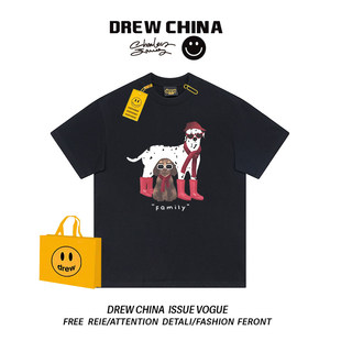 drew美式潮牌卡通狗狗印花短袖T恤男女宽松纯棉情侣大尺码显瘦上