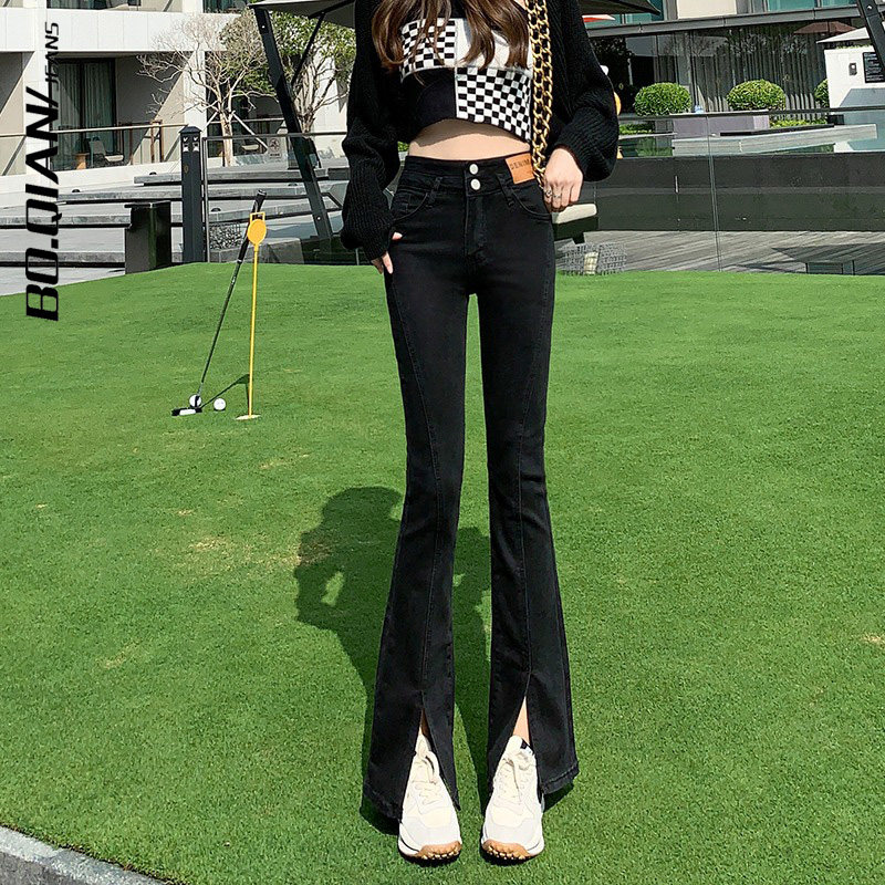 开叉牛仔裤女2025年新款春秋高腰修身显瘦小个子黑色微喇叭裤子