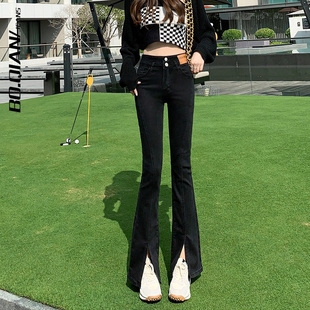 开叉牛仔裤女2025年新款春秋高腰修身显瘦小个子黑色微喇叭裤子