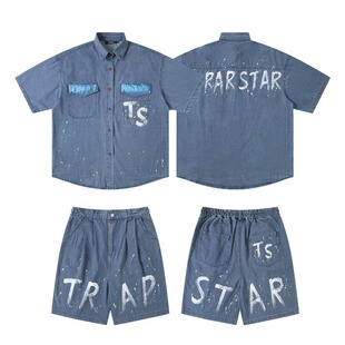 Trapstar 潮牌美式街头牛仔短袖短裤套装高街涂鸦夏潮流宽松衬衣