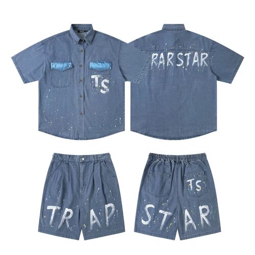 Trapstar 潮牌美式街头牛仔短袖短裤套装高街涂鸦夏潮流宽松衬衣