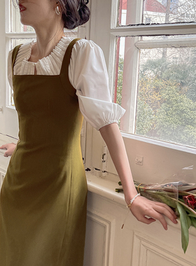 iris.O鸢早春【雅典娜的橄榄枝】咸菜橄榄绿色显白背带连衣裙长