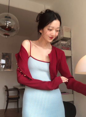 Iris.O鸢春夏新款复古洋气草莓红色短款薄款长袖冰丝开衫针织衫