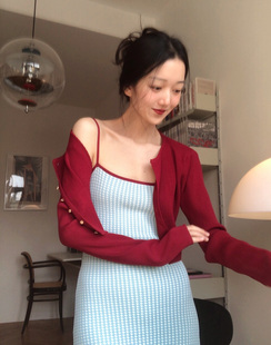 复古洋气草莓红色短款 针织衫 薄款 冰丝开衫 长袖 Iris.O鸢春夏新款